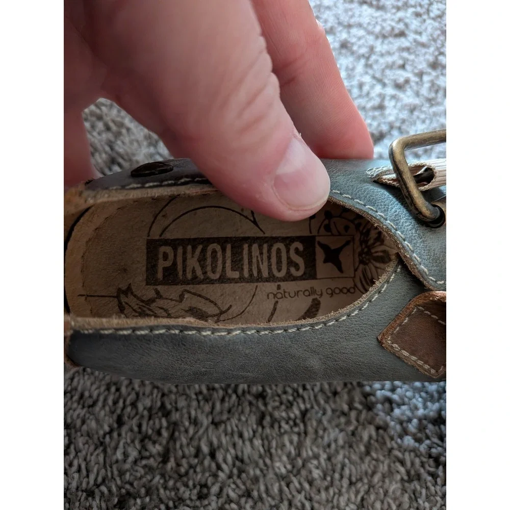 Pikolinos Women Blue Brown Leather Perforated Mary Jane Block Heel Shoes Size 39